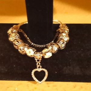 Silver Metal Cord Charm Style Bracelet with Heart Charm & Clear Sparkles